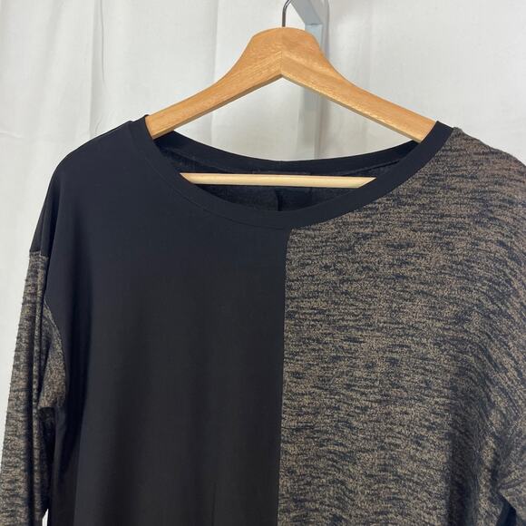 SUN KIM Colorblock Tunic Top Long Sleeve Asymmetric Pocket Hem Black Brown S - Picture 4 of 7
